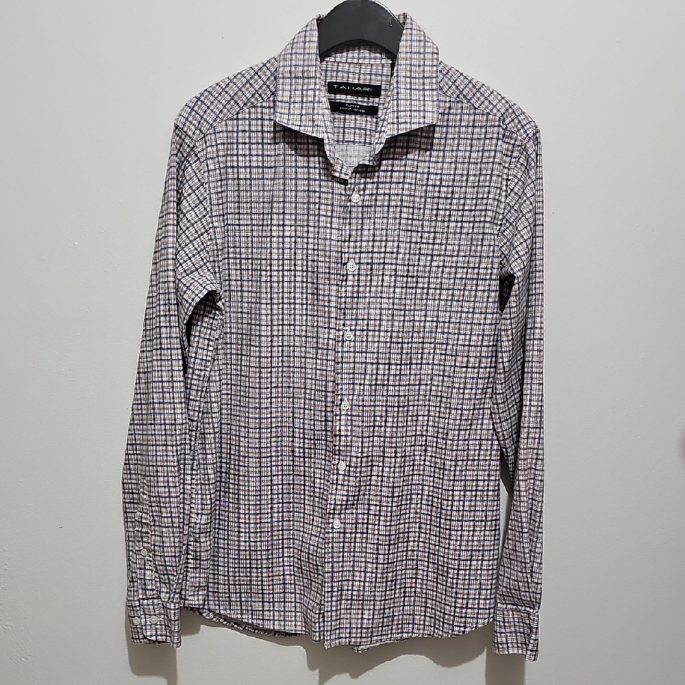 Tahari Men's Plaid Shirt - Blue, Cream and White